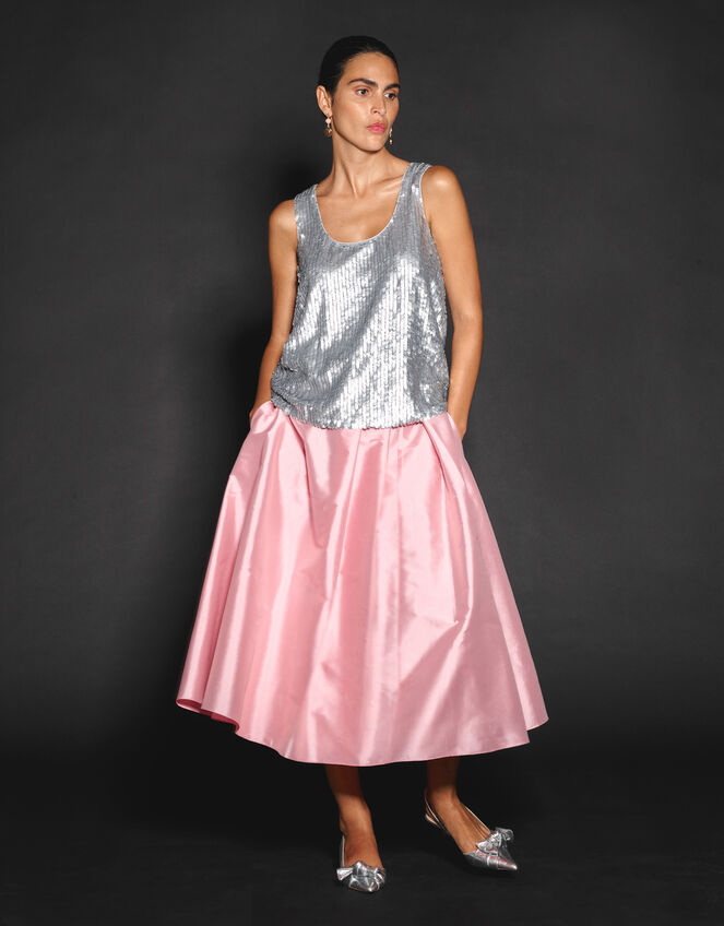 Tanya Taffeta Pleated Midi Skirt, Pink (PINK), large