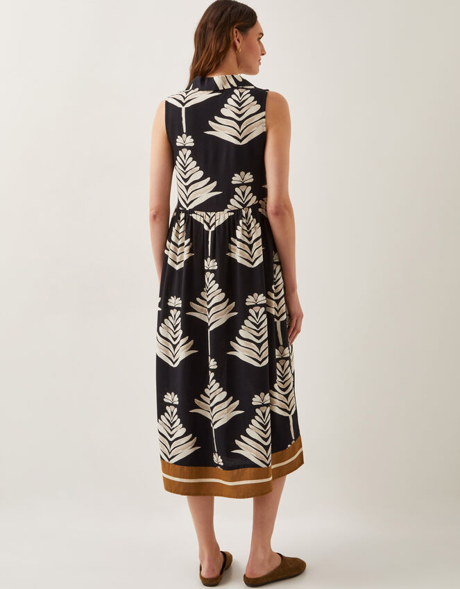 Pamela Linen Blend Leaf Print Midi Dress, Black (BLACK), large