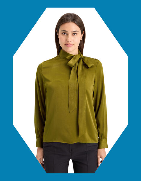 Scotch and Soda Bow Neck Blouse, Green (OLIVE), large