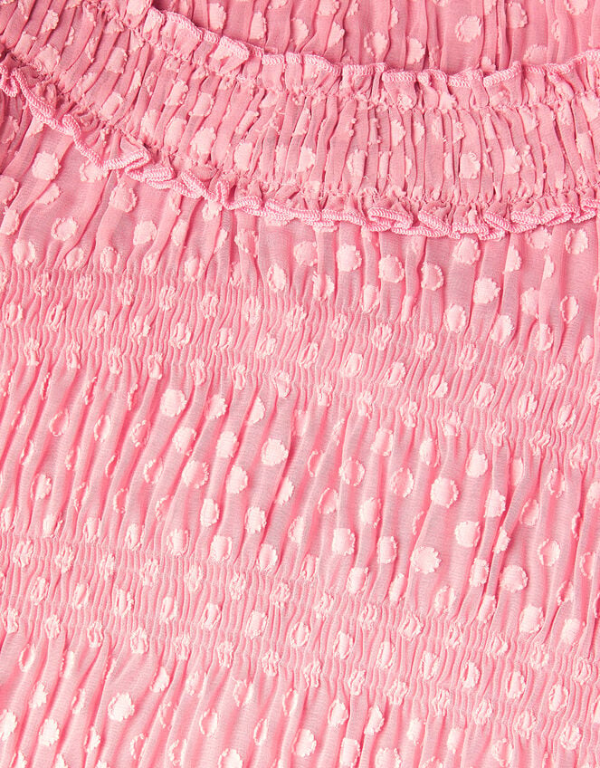 Polka Dot Textured Puff Sleeve Dress, Pink (PINK), large
