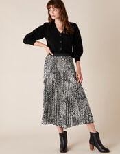 Animal Print Pleated Midi Skirt, Black (BLACK), large