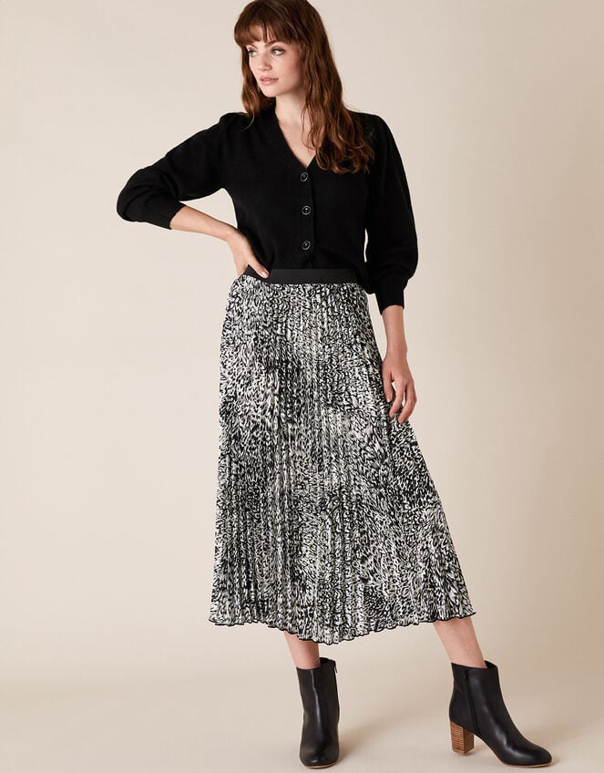 Animal Print Pleated Midi Skirt, Black (BLACK), large