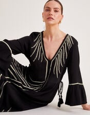 Cali Embroidered Leaf Kaftan Dress, Black (BLACK), large
