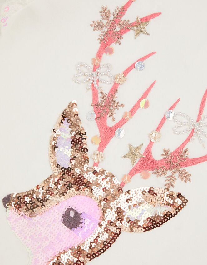 Sequin Christmas Reindeer Long Sleeve Top, Ivory (IVORY), large