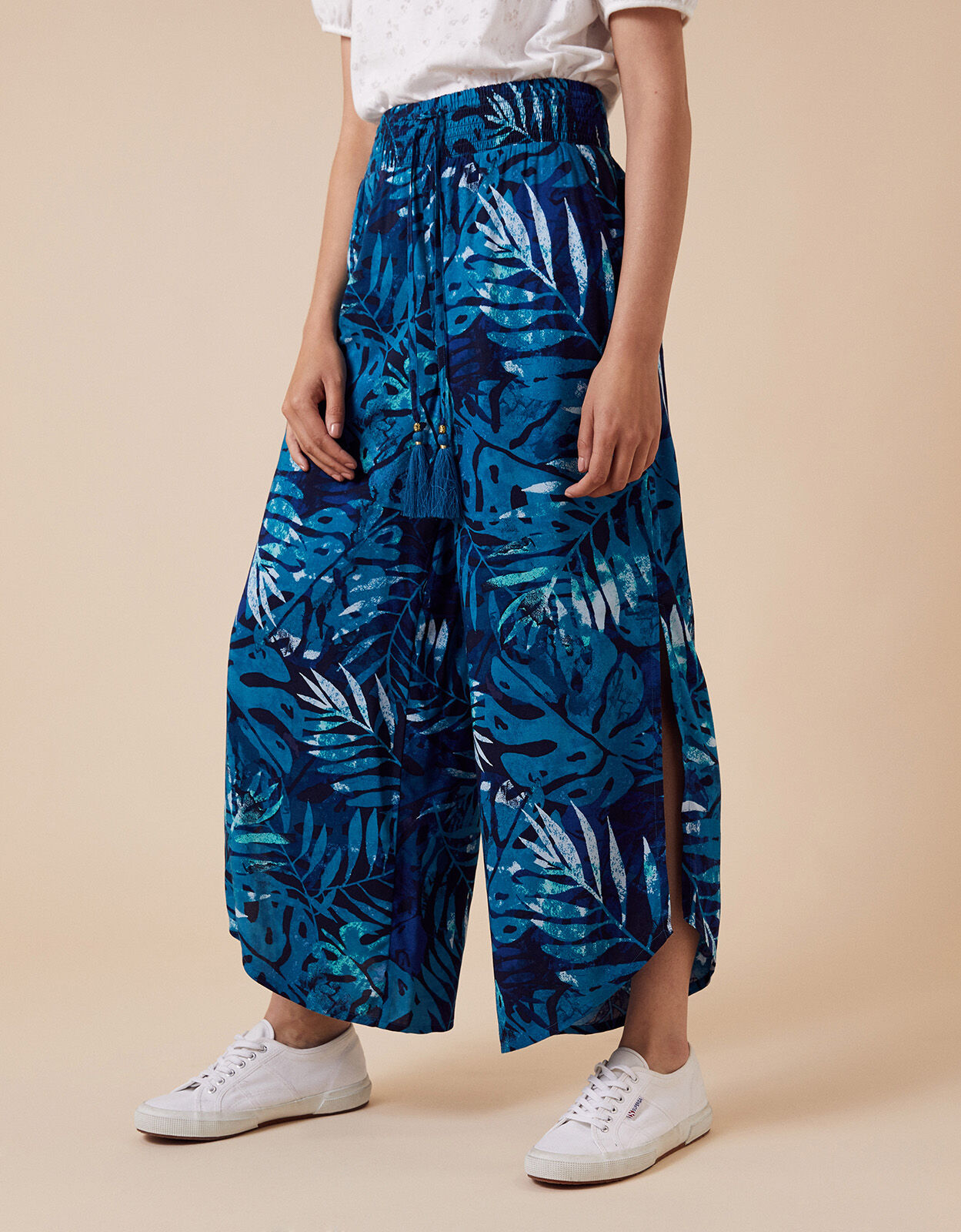 Palm Print Trousers in Sustainable Viscose Blue Sarongs Monsoon Global