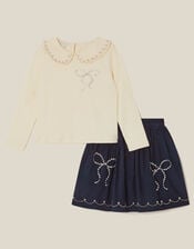 Bow Embellished Top & Corduroy Skirt Set, Blue (NAVY), large