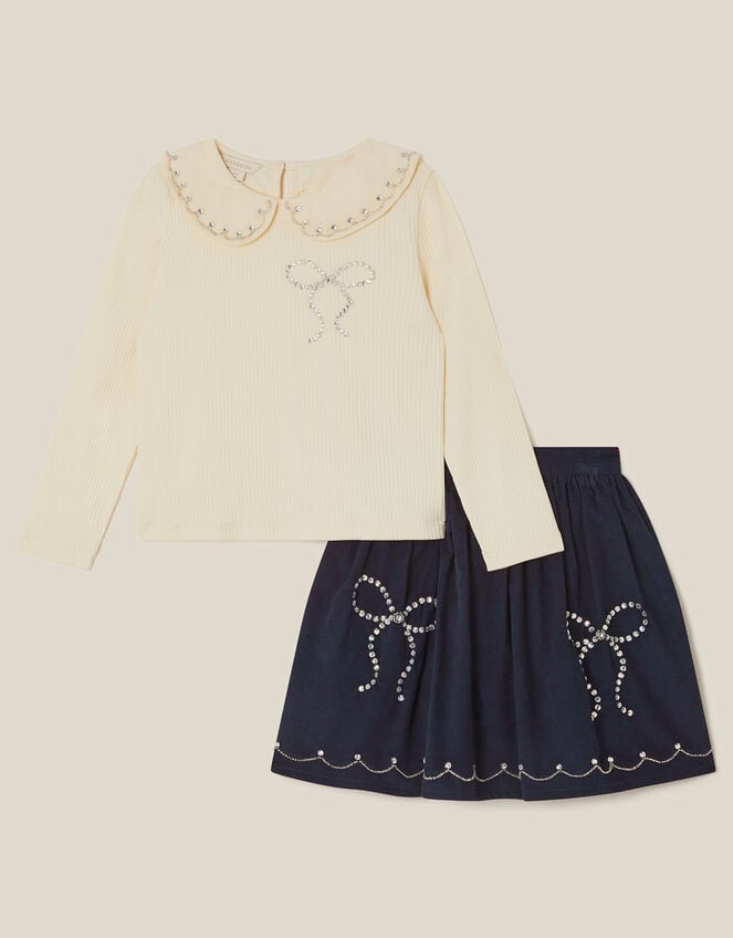 Bow Embellished Top & Corduroy Skirt Set, Blue (NAVY), large