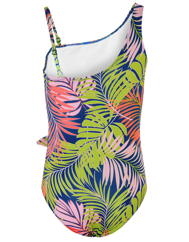 Palm Printed Belted Swimsuit, Blue (BLUE), large