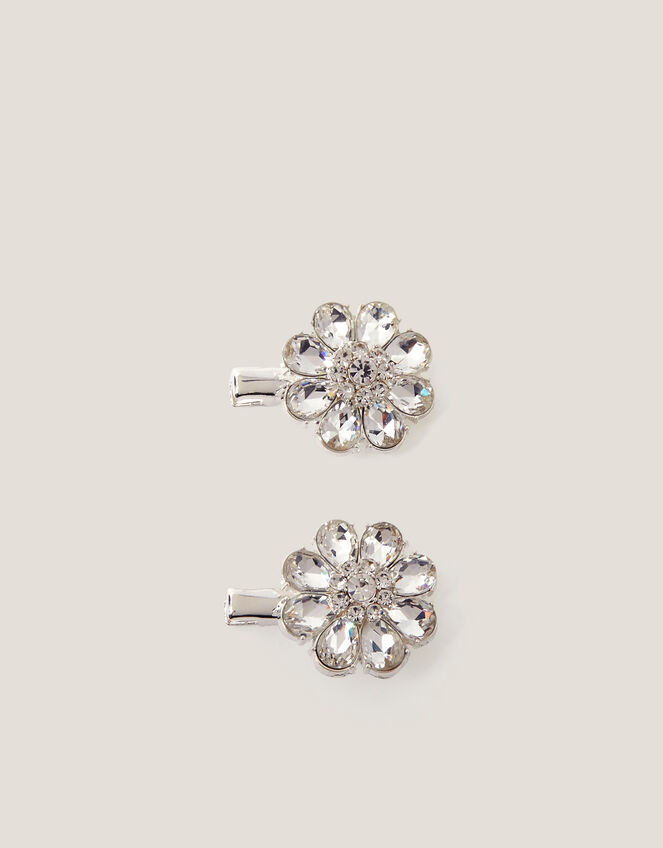 2-Pack Gem Flower Hair Clips, Silver (SILVER), large