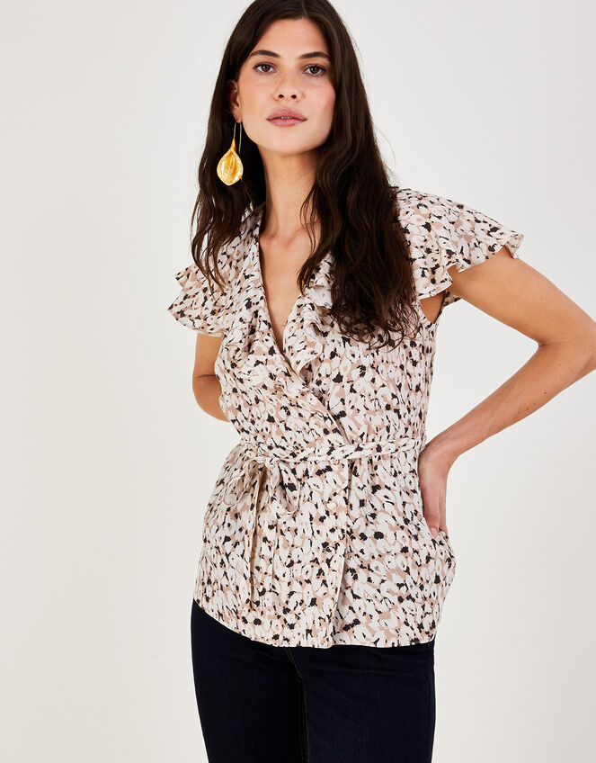 Anna Animal Print Wrap Top, Natural (NATURAL), large