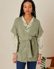Tape Belted Midi Cardigan, Green (KHAKI), large