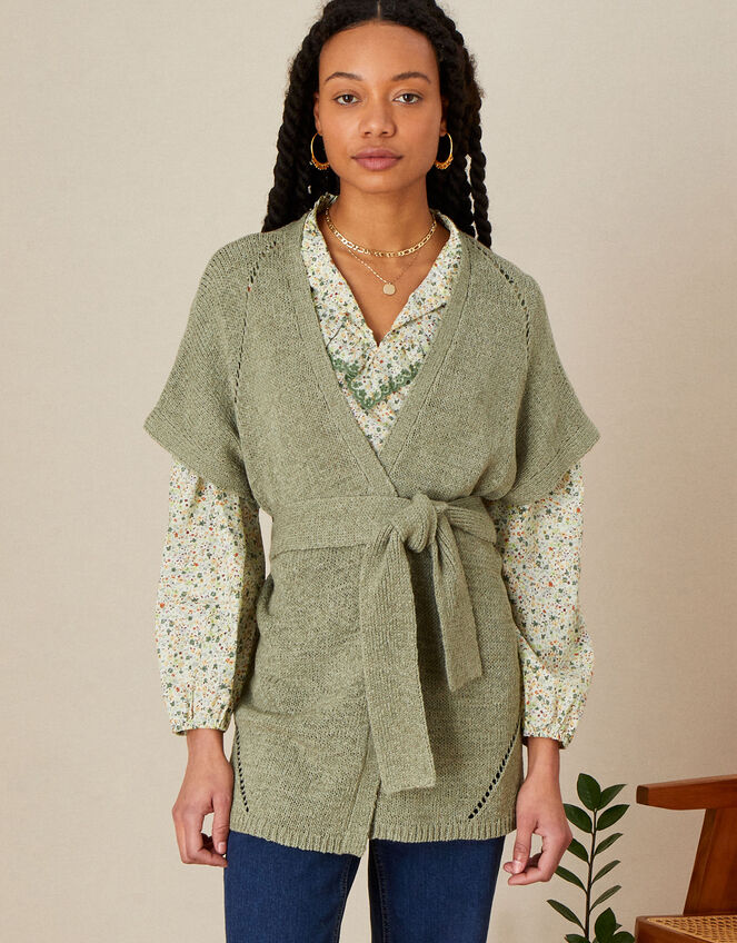 Tape Belted Midi Cardigan, Green (KHAKI), large
