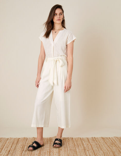 Scallop Crop Trousers in Linen Blend  White, White (WHITE), large
