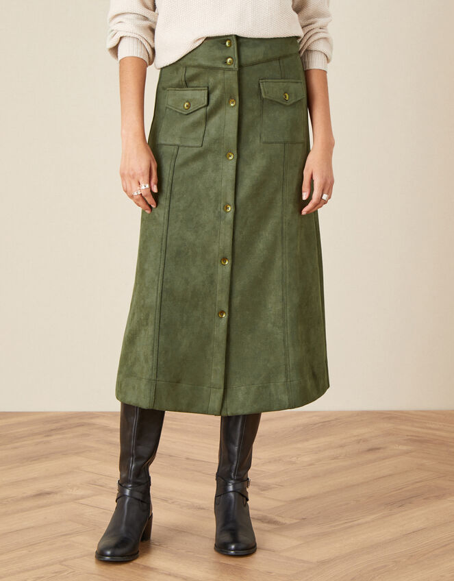 Button-Through Suedette Skirt, Green (GREEN), large