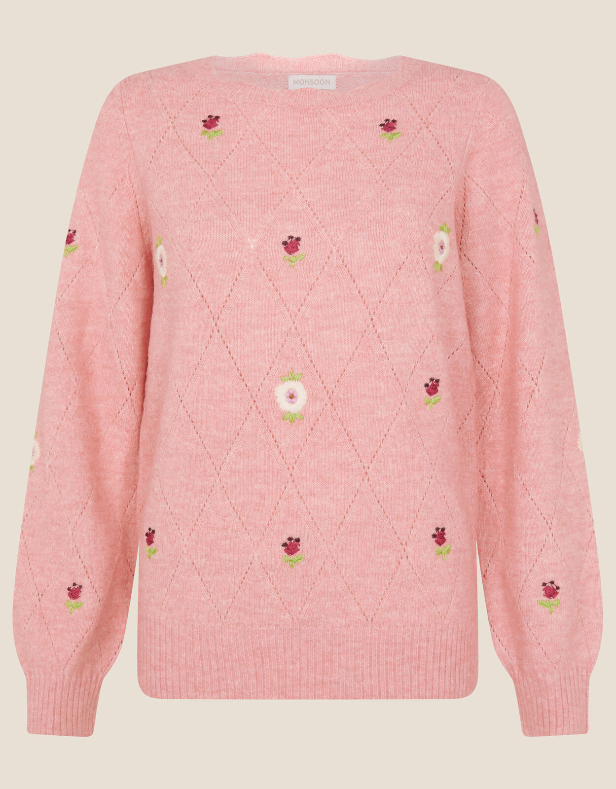 Floral Embroidered Crewneck Jumper Pink