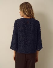 Chrissy Bell Sleeve Textured Fringe Top, Blue (NAVY), large