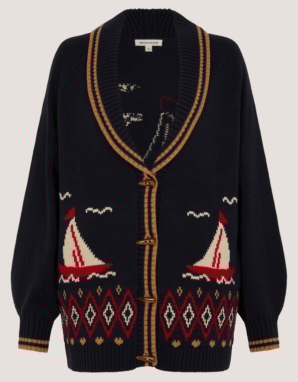 Sapna Intarsia Sailor Cardigan, Blue (NAVY), large