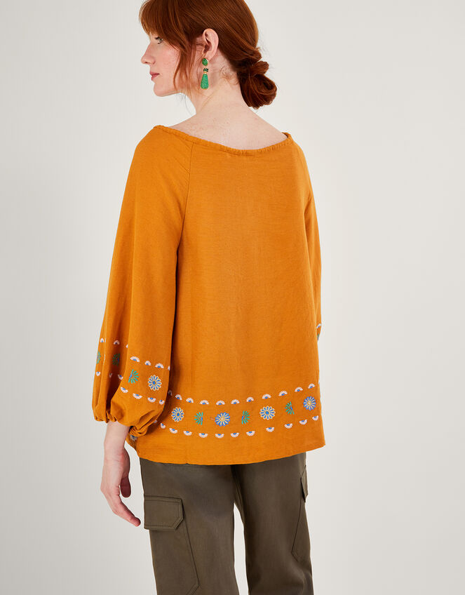 Embroidered Flower Tunic Top in Linen Blend, Yellow (YELLOW), large