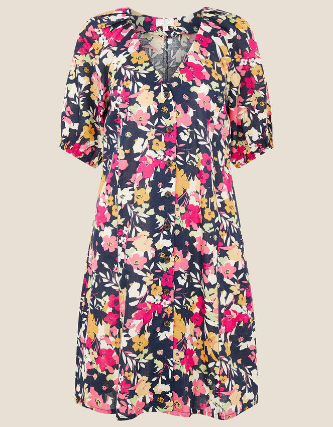 Floral Dress in Linen Blend , Blue (NAVY), large