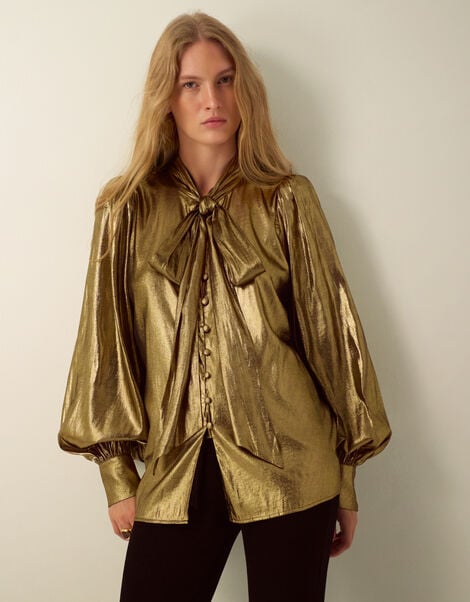 Monsoon x Queens of Archive Debbie Tie Neck Metallic Blouson Blouse​, Gold (GOLD), large