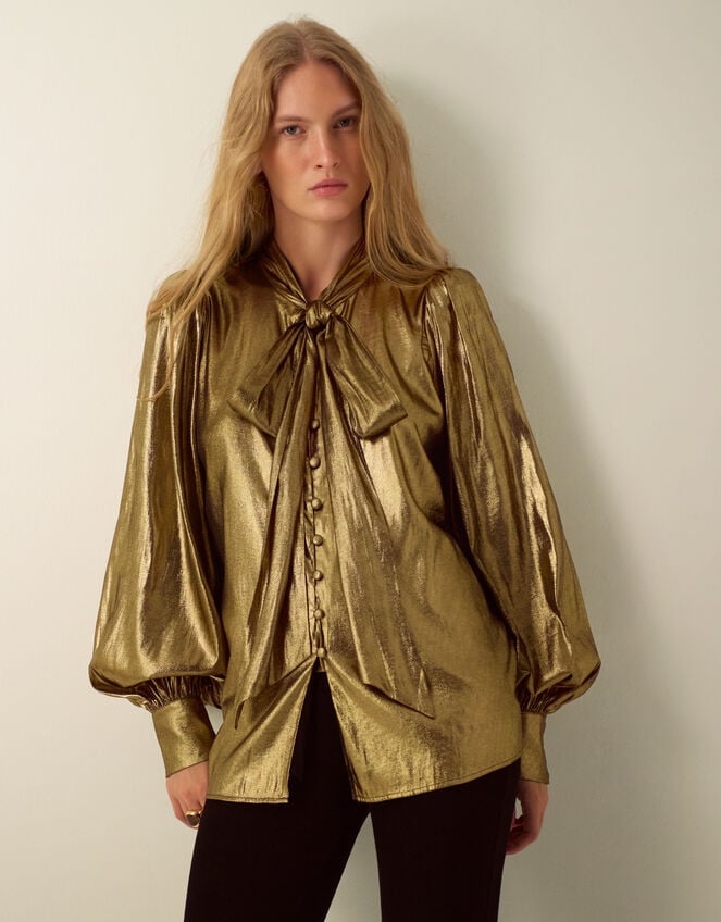 Monsoon x Queens of Archive Debbie Tie Neck Metallic Blouson Blouse​, Gold (GOLD), large