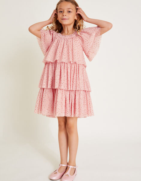Metallic Star Tiered Mesh Dress, Pink (PINK), large