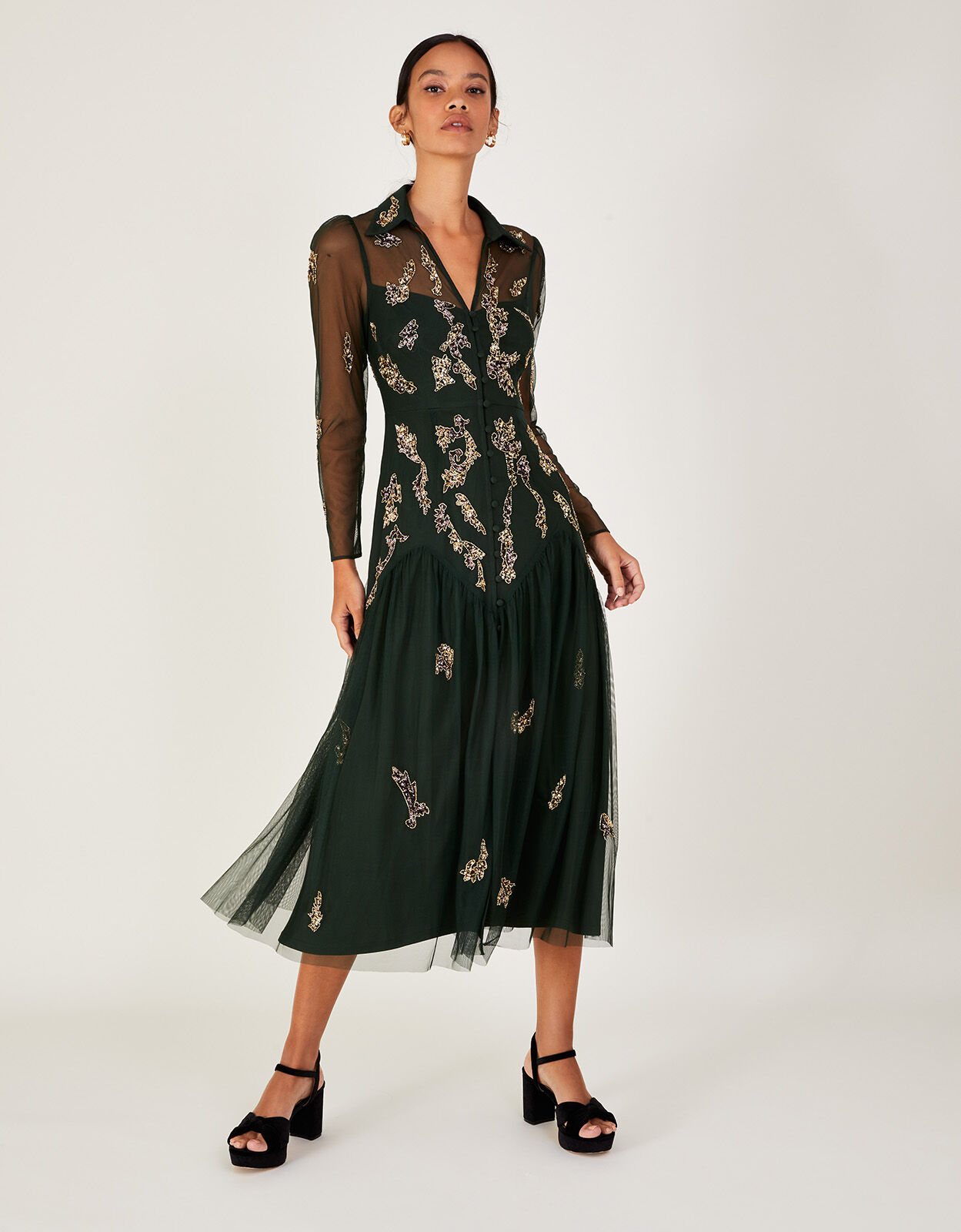 Gina Embellished Shirt Dress with Recycled Polyester Green