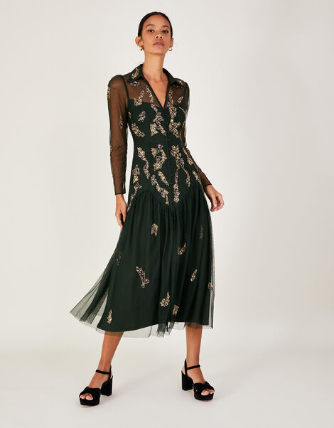 Gina Embellished Shirt Dress with Recycled Polyester, Green (GREEN), large