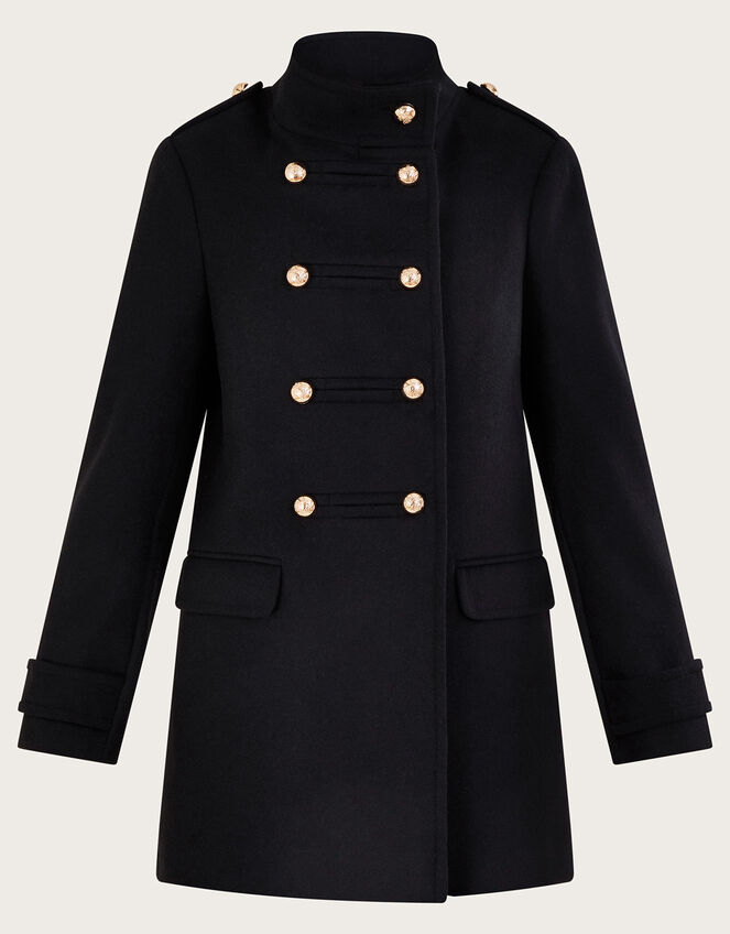 Women's Pea Coat Style Long Woolen Coat - High Buttons / Black