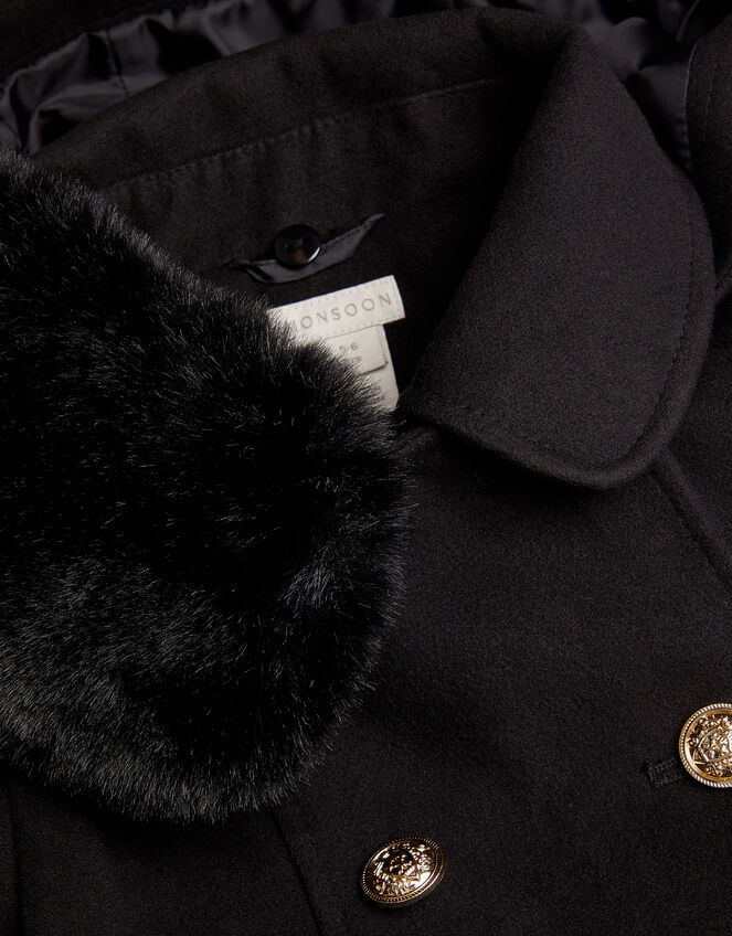 Faux Fur Collar Double-Breasted Coat, Black (BLACK), large