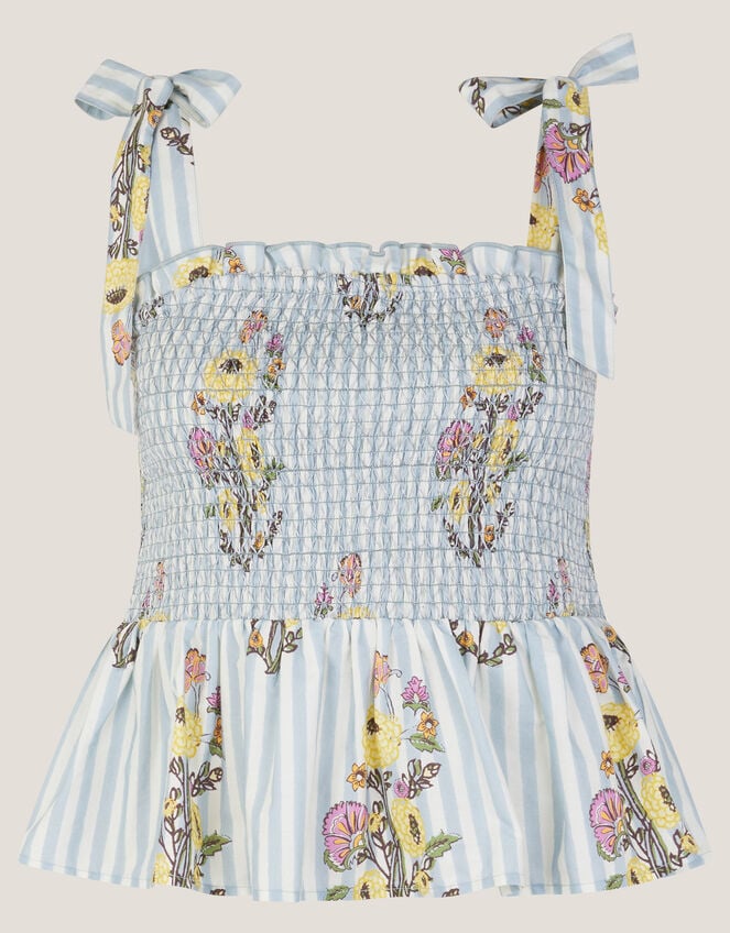 Lucille Floral Stripe Smocked Top, Blue (BLUE), large
