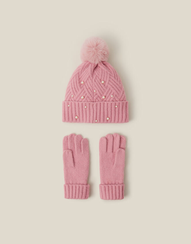 Pearl Cable Knit Bobble Hat & Gloves Set, Pink (PINK), large