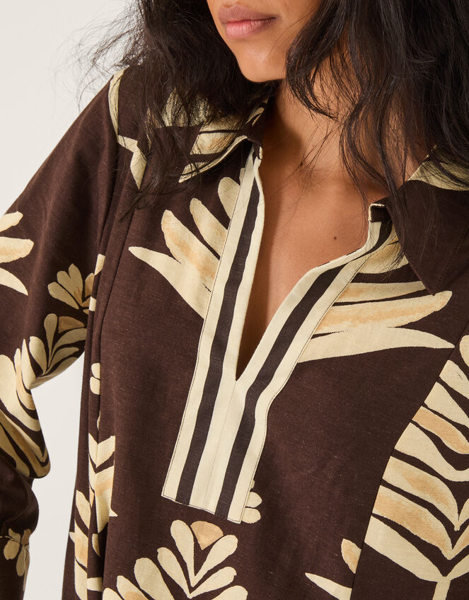 Pamela Linen Blend Leaf Print Top, Brown (CHOCOLATE), large