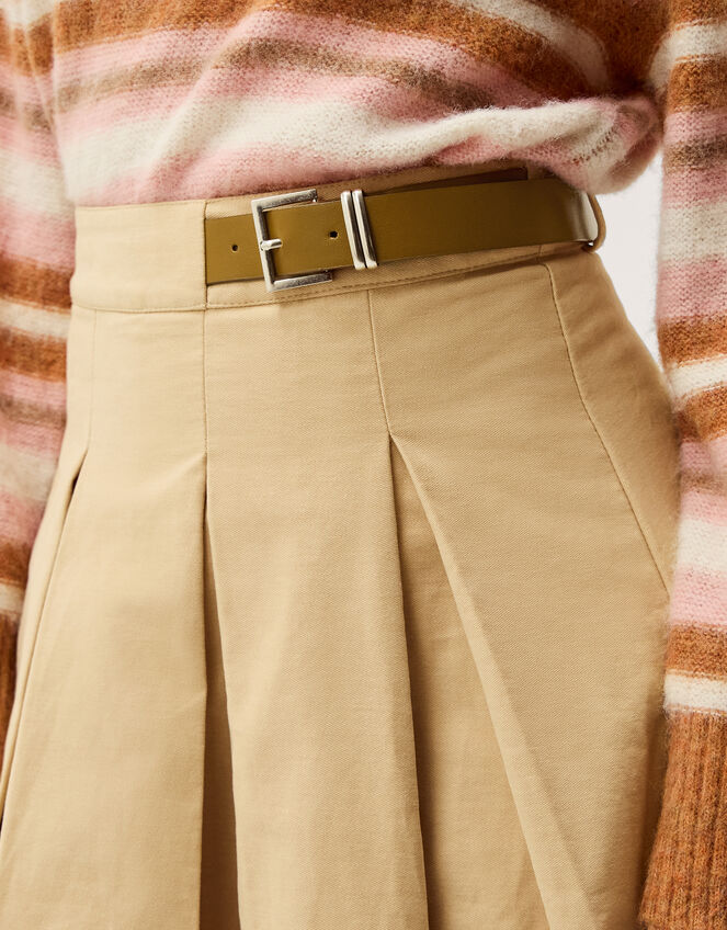 Poppy Buckle Pleated Midi Skirt, Natural (STONE), large