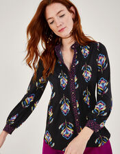 Contrast Floral Print Jersey Shirt with Recycled Polyester, Black (BLACK), large