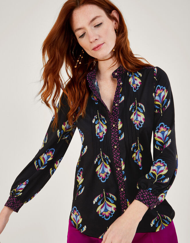 Contrast Floral Print Jersey Shirt with Recycled Polyester, Black (BLACK), large