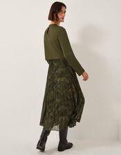 Synthia Snakeskin Pleated Midi Dress, Green (KHAKI), large