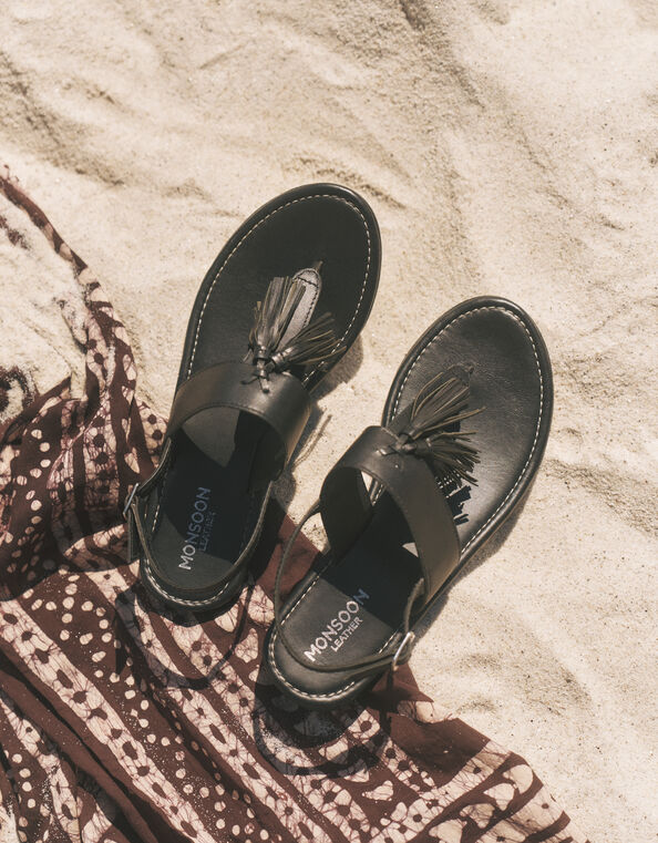Cali Tassel Leather Sandals, Black (BLACK), large