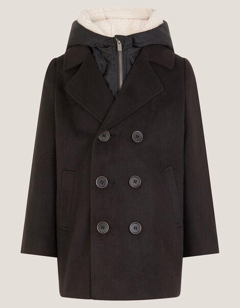 Zip Through Hooded Peacoat, Black (BLACK), large