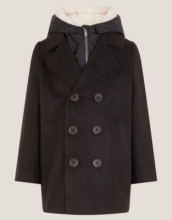 Zip Through Hooded Peacoat, Black (BLACK), large