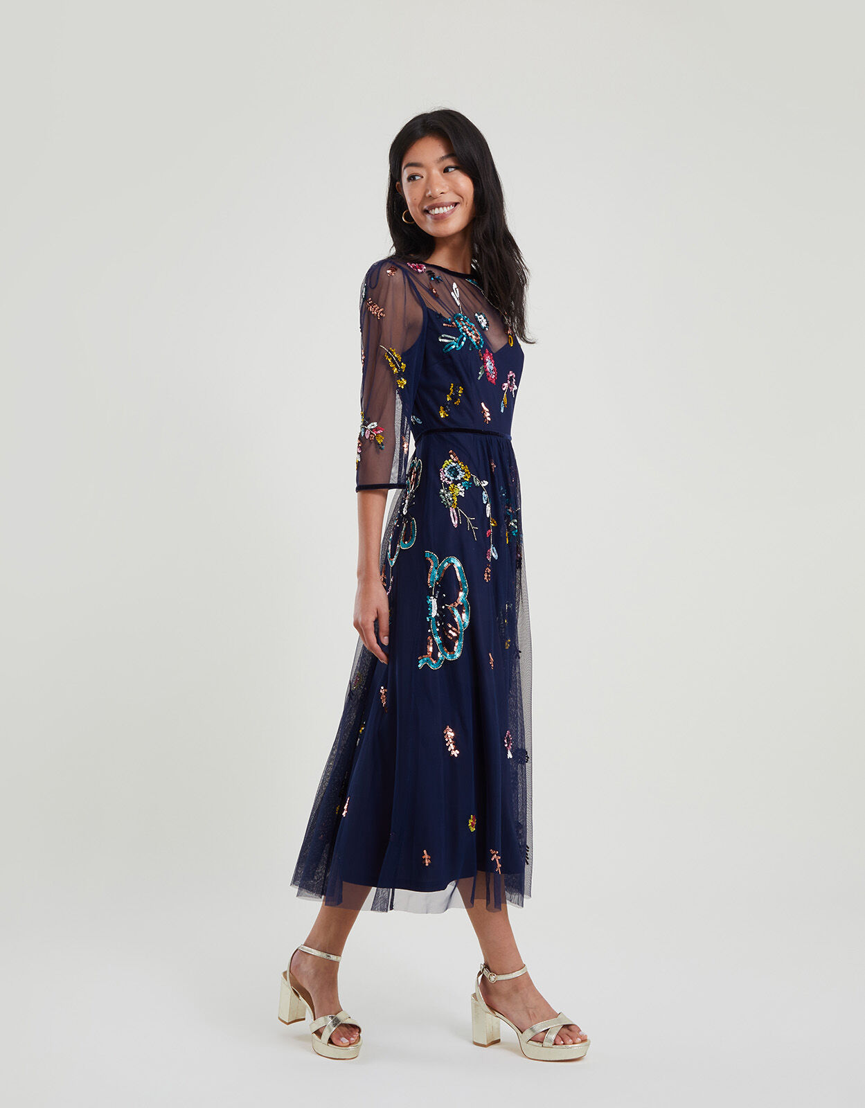 Nyla Embellished Midi Dress in Recycled Polyester Blue Evening