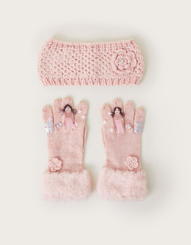 Flower Princess Gloves and Knit Headband Set, Pink (PINK), large