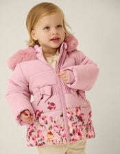 Baby Blurred Floral Print Puffer Coat, Pink (PINK), large
