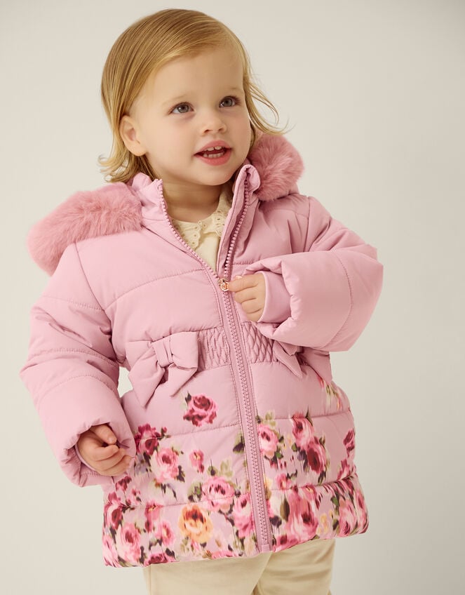 Baby Blurred Floral Print Puffer Coat, Pink (PINK), large