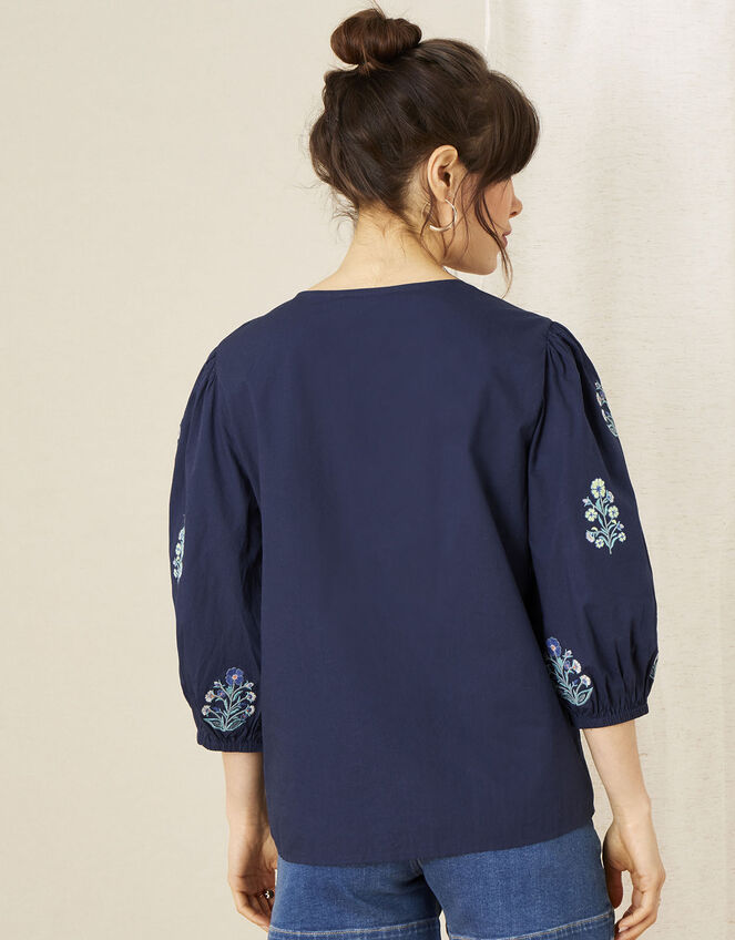 Embroidered Top in Organic Cotton, Blue (NAVY), large
