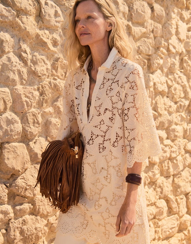 Selena Floral Lace Longline Tunic Top, Ivory (IVORY), large