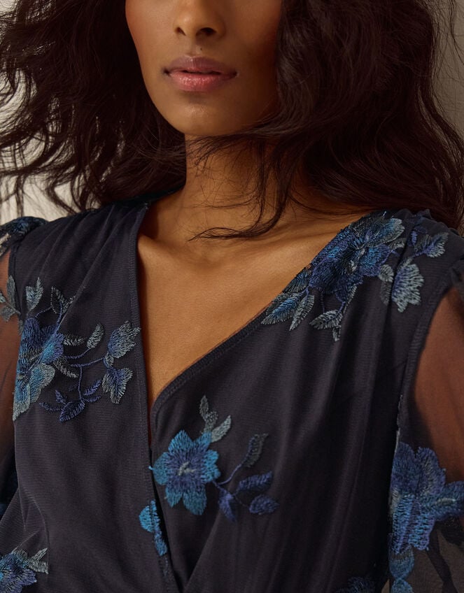 Charlotte Floral Embroidered Mesh Midi Dress, Blue (NAVY), large