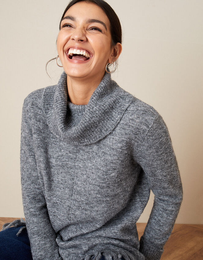 Fringe High Neck Jumper, Grey (CHARCOAL), large