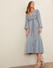 Gracie Embroidered Wrap Dress in Recycled Fabric, Grey (GREY), large