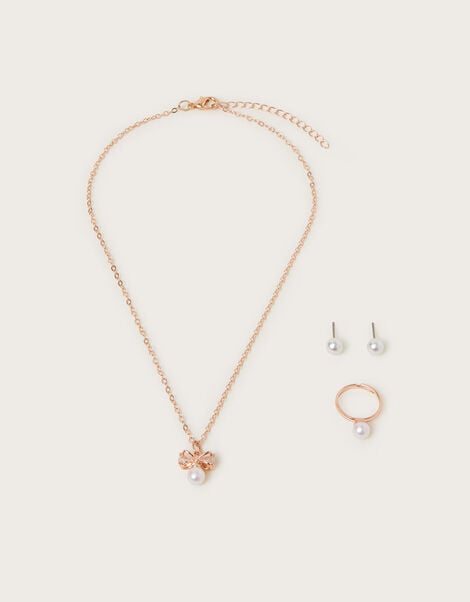 Pearl Bow Pendant Jewellery Set, Gold (ROSE GOLD), large